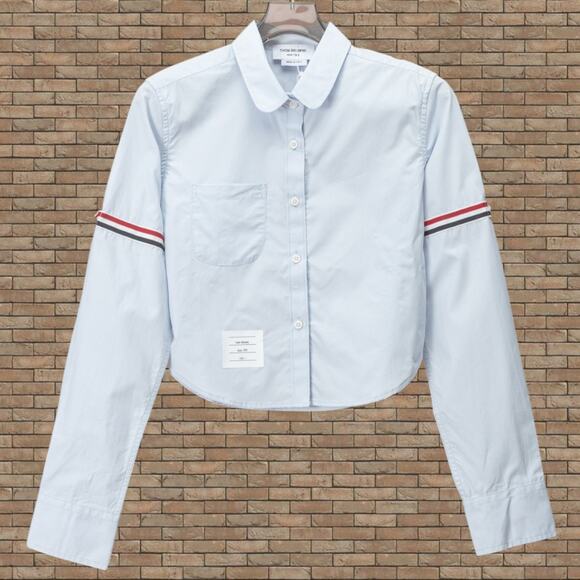 Thom Browne Sky Blue Crop Top with Striped Sleeves - Picture 1 of 5